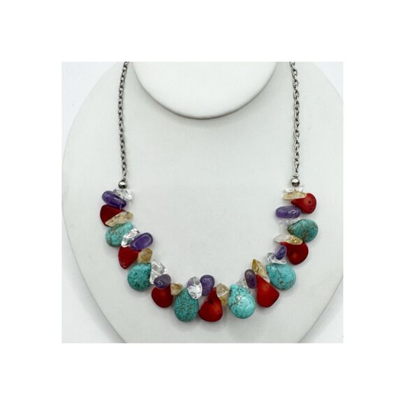 Turquoise Coral Amethyst Stone Collar Necklace Sterling Silver Southwest Boho - Picture 13 of 13